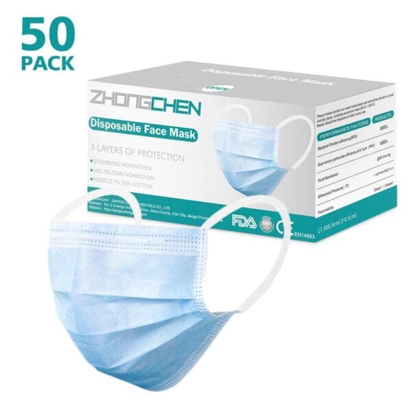 Face Masks BFE95%, 3-Ply Cotton Filter Medical Sanitary for Dust, Germ Protection and Personal Health Care (50/Box) - 702034